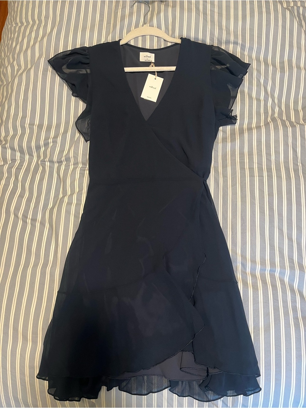 Wilfred Navy Wrap Mini Dress with Flutter Sleeves